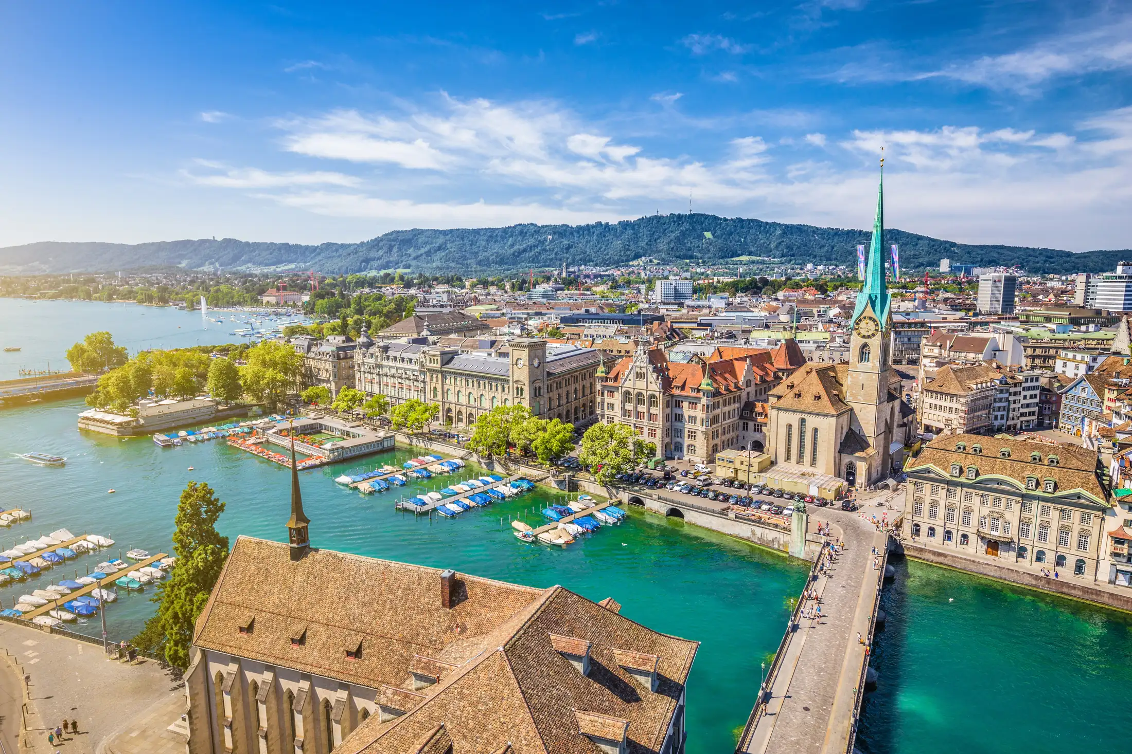 Zurich old town with the Fraumünster, the Limmat and Lake Zurich